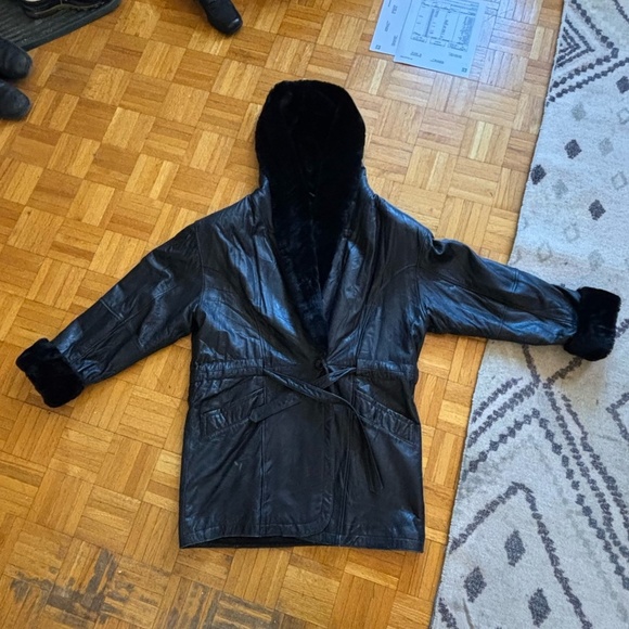 Vintage Black Leather hooded jacket. - Picture 1 of 6
